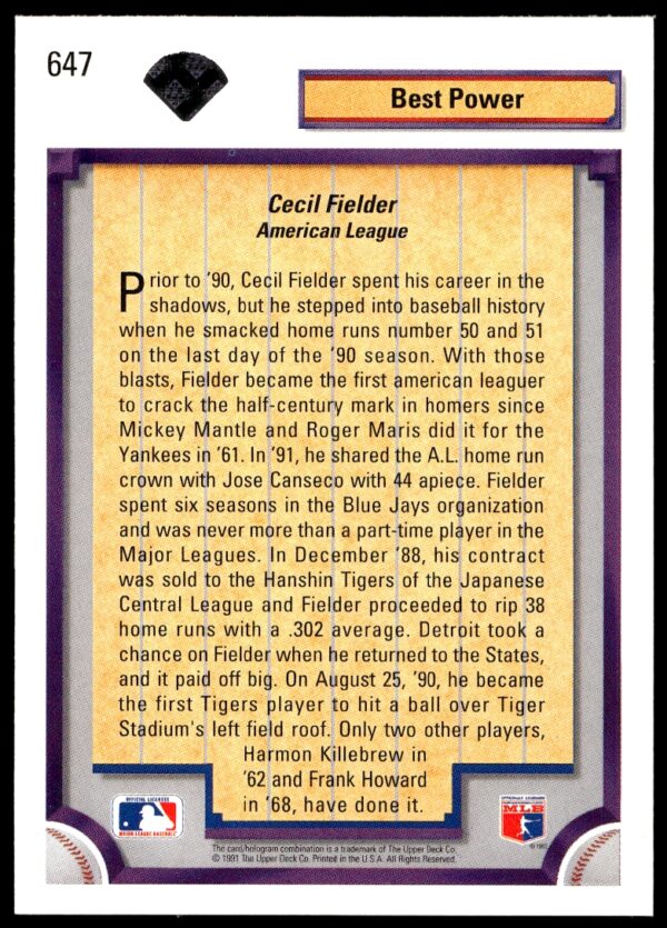 1992 Upper Deck Cecil Fielder #647 (Back)