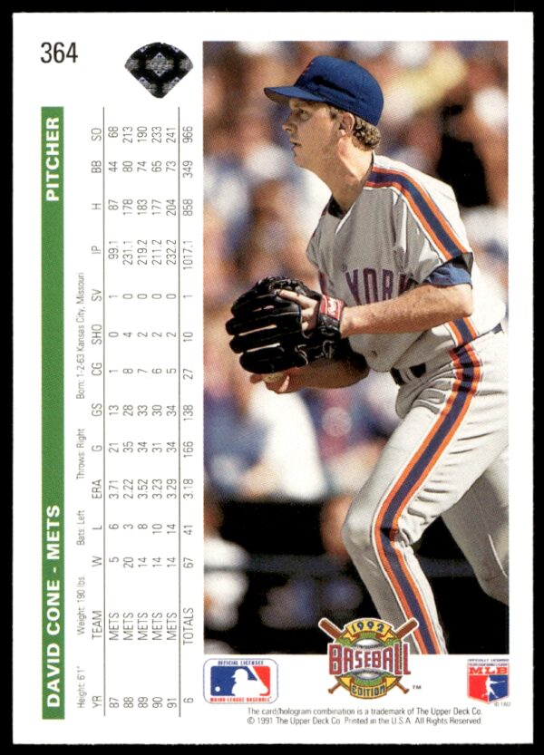 1992 Upper Deck David Cone #364 (Back)