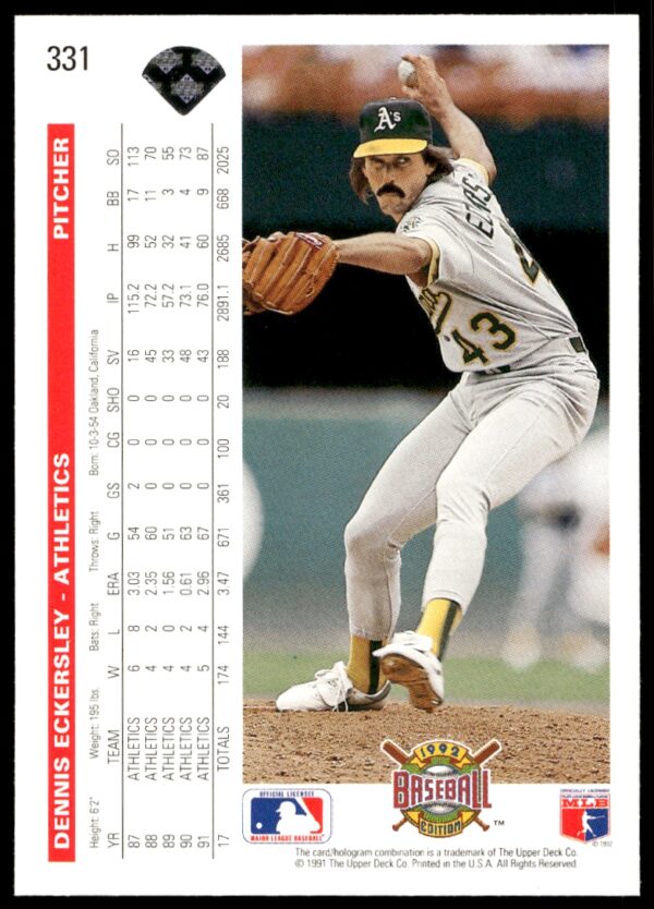 1992 Upper Deck Dennis Eckersley #331 (Back)