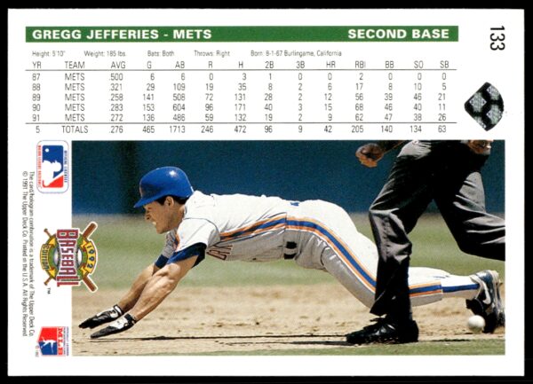 1992 Upper Deck Gregg Jefferies #133 (Back)