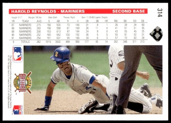 1992 Upper Deck Harold Reynolds #314 (Back)