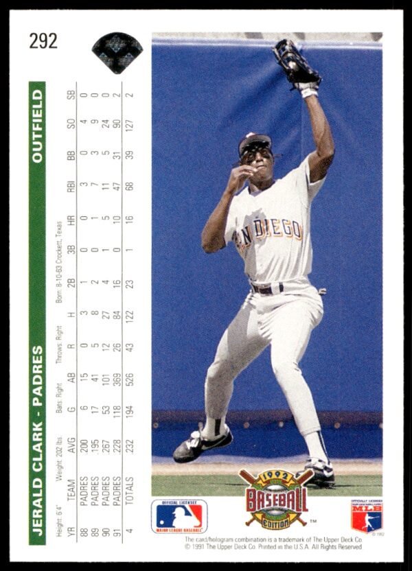 1992 Upper Deck Jerald Clark #292 (Back)