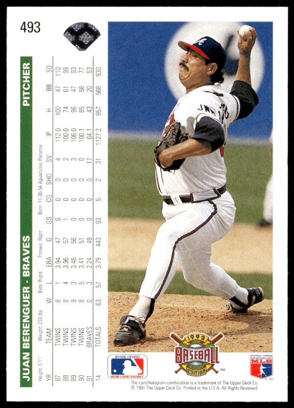 1992 Upper Deck Juan Berenguer #493 (Back)