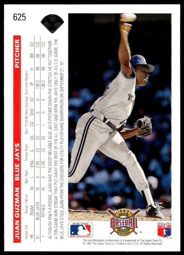 1992 Upper Deck Juan Guzman #625 (Back)