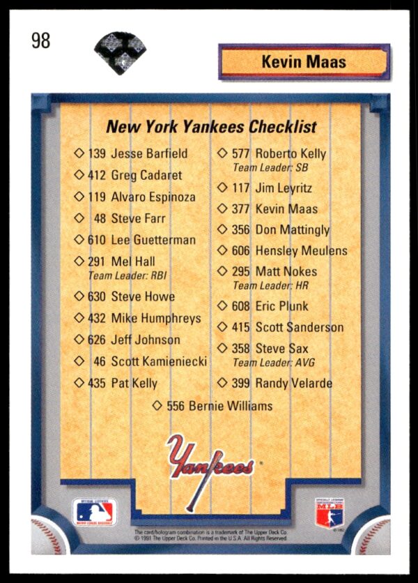 1992 Upper Deck Kevin Maas Checklist #98 (Back)