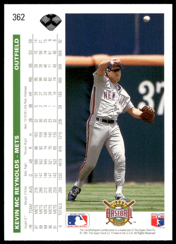 1992 Upper Deck Kevin McReynolds #362 (Back)