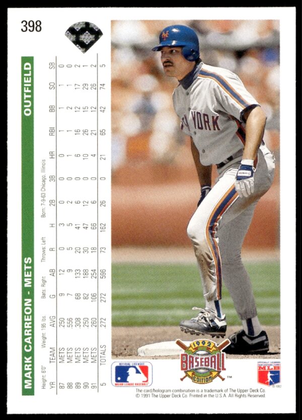 1992 Upper Deck Mark Carreon #398 (Back)