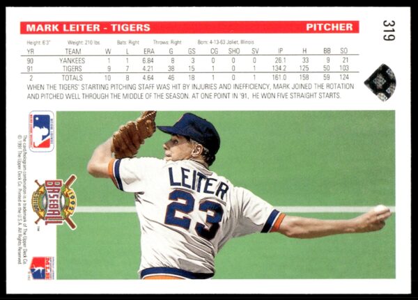 1992 Upper Deck Mark Leiter #319 (Back)