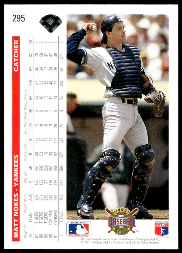 1992 Upper Deck Matt Nokes #295 (Back)