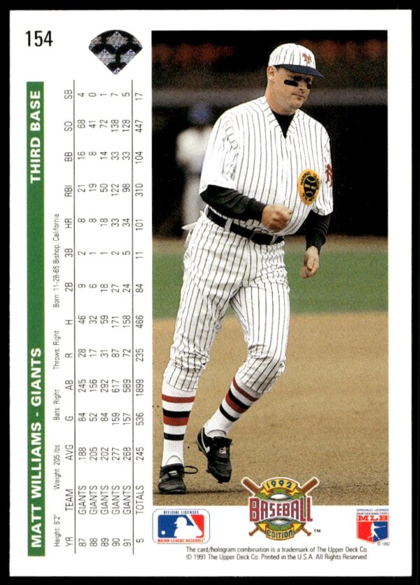 1992 Upper Deck Matt Williams #154 (Back)