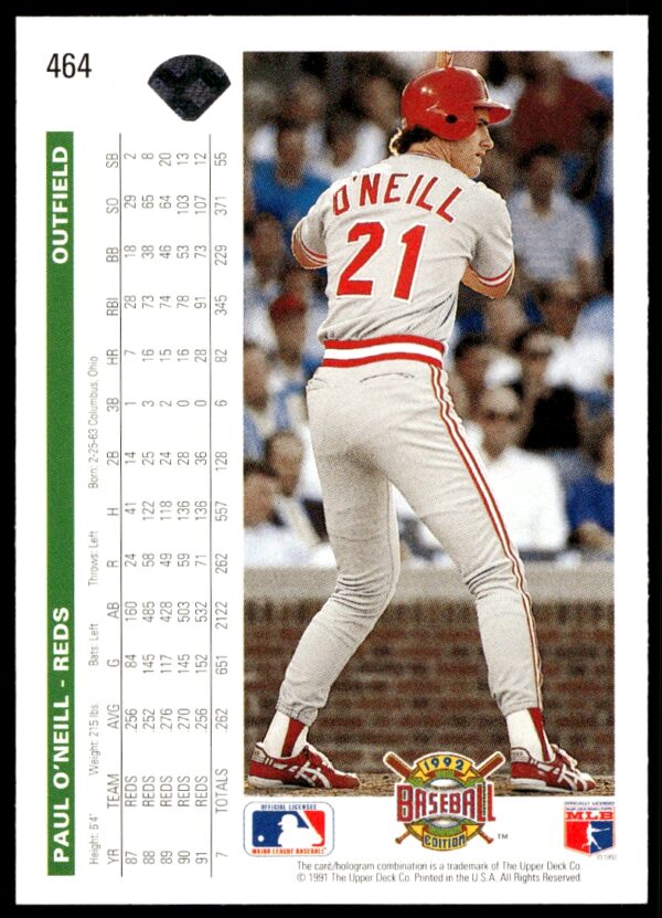 1992 Upper Deck Paul O'Neill #464 (Back)