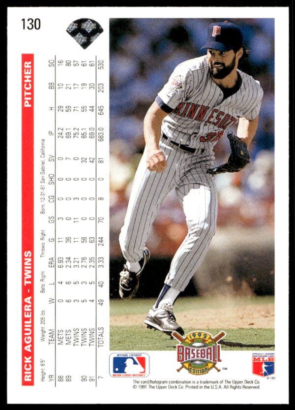 1992 Upper Deck Rick Aguilera #130 (Back)