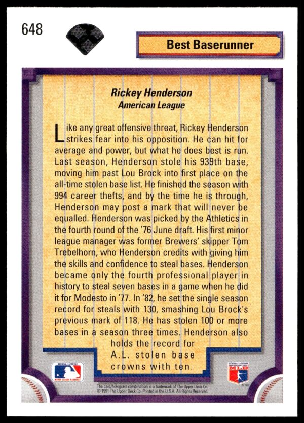 1992 Upper Deck Rickey Henderson #648 (Back)