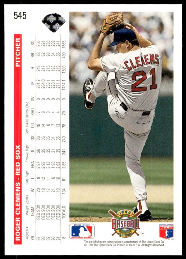 1992 Upper Deck Roger Clemens #545 (Back)