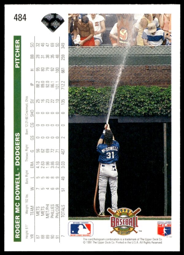 1992 Upper Deck Roger McDowell #484 (Back)