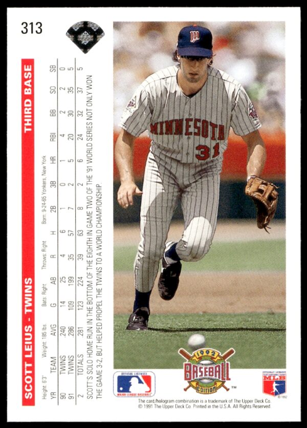 1992 Upper Deck Scott Leius #313 (Back)