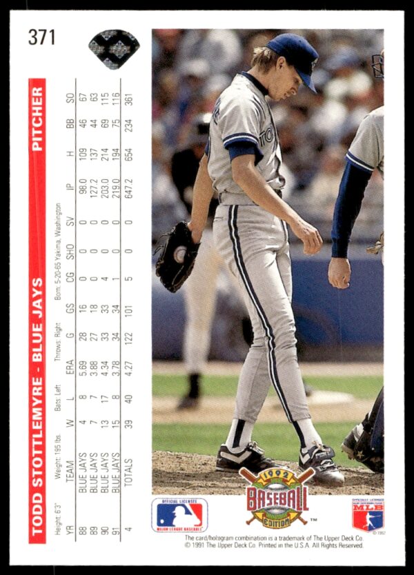 1992 Upper Deck Todd Stottlemyre #371 (Back)