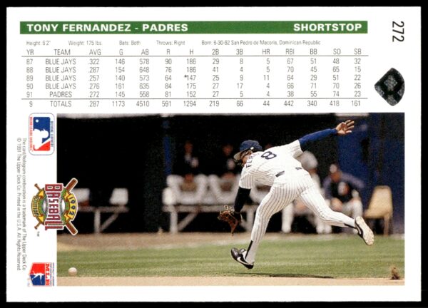 1992 Upper Deck Tony Fernandez #272 (Back)