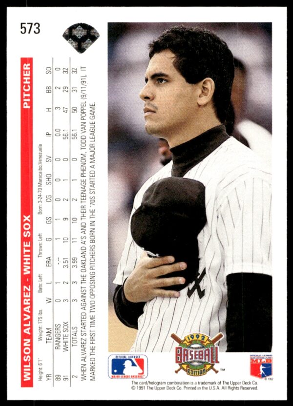 1992 Upper Deck Wilson Alvarez #573 (Back)