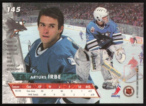 1993-94 Fleer Ultra Arturs Irbe #145 (Back)