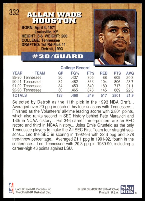 1993-94 Hoops Allan Houston #332 (Back)