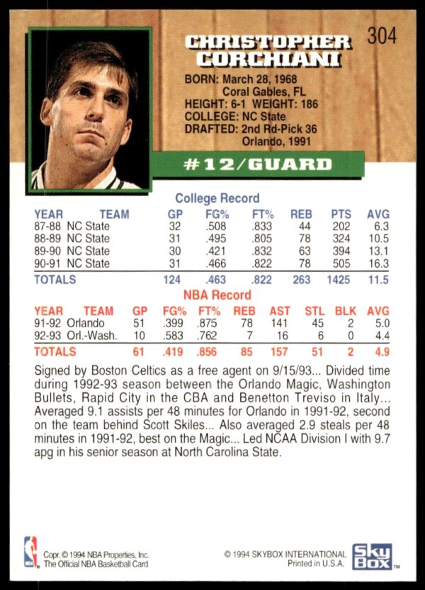 1993-94 Hoops Chris Corchiani #304 (Back)