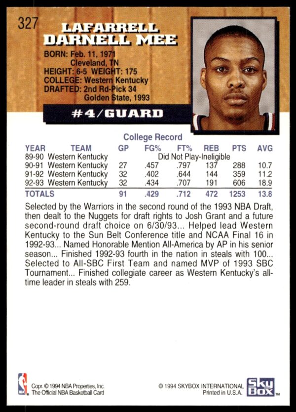 1993-94 Hoops Darnell Mee #327 (Back)