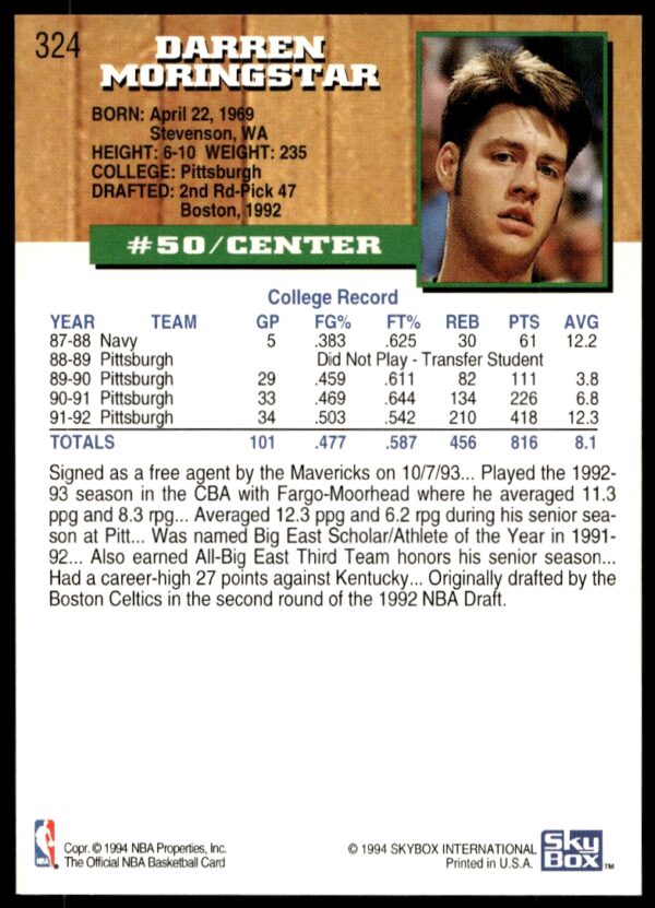 1993-94 Hoops Darren Morningstar #324 (Back)