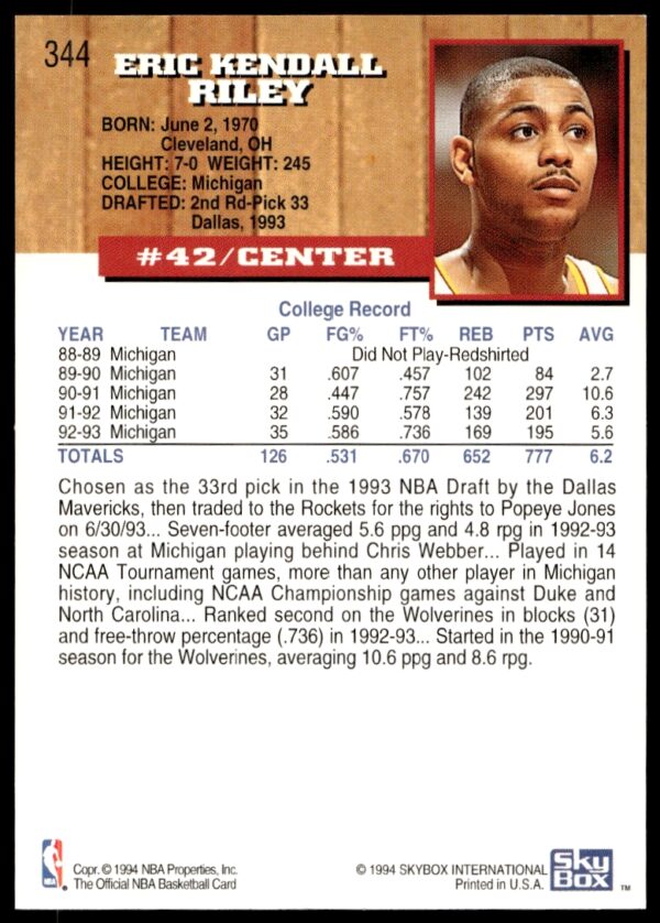 1993-94 Hoops Eric Riley #344 (Back)