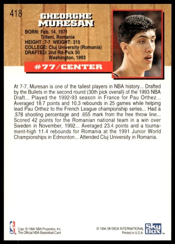 1993-94 Hoops Gheorghe Muresan #418 (Back)