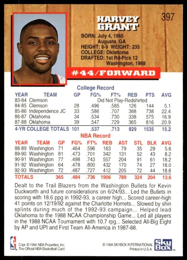 1993-94 Hoops Harvey Grant #397 (Back)