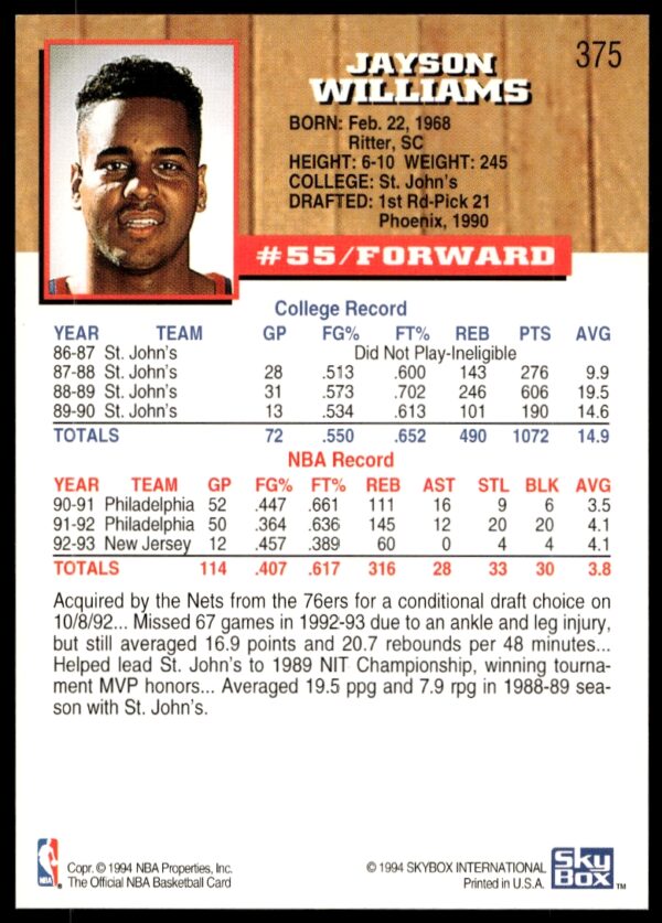 1993-94 Hoops Jayson Williams #375 (Back)