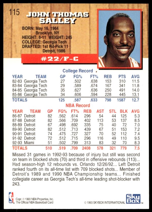 1993-94 Hoops John Salley #115 (Back)