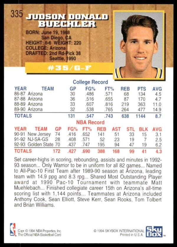 1993-94 Hoops Jud Buechler #335 (Back)