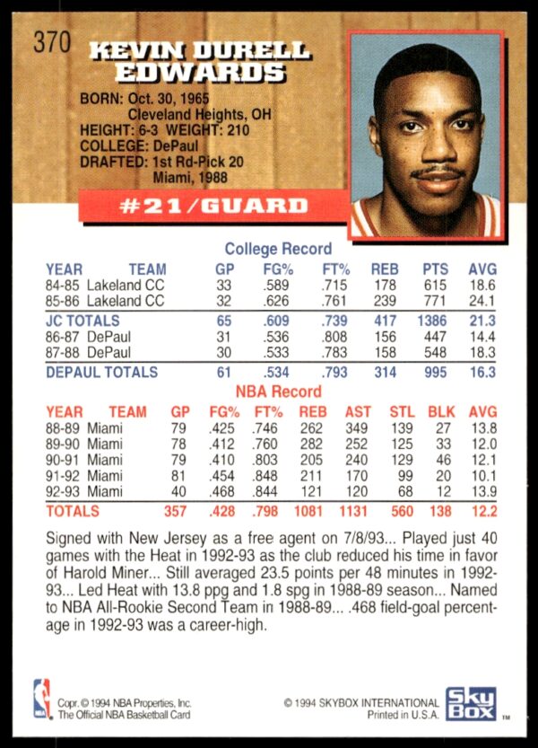 1993-94 Hoops Kevin Edwards #370 (Back)