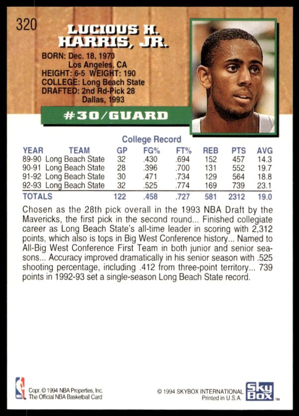 1993-94 Hoops Lucious Harris #320 (Back)