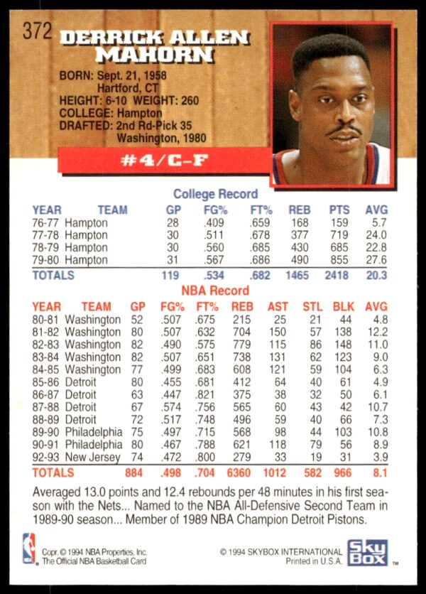 1993-94 Hoops Rick Mahorn #372 (Back)