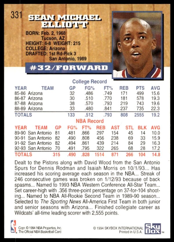 1993-94 Hoops Sean Elliott #331 (Back)