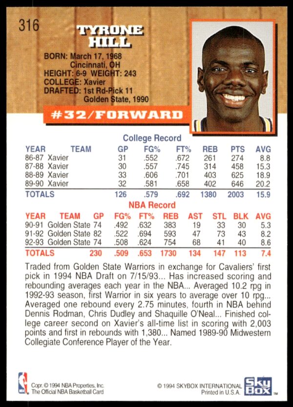 1993-94 Hoops Tyrone Hill #316 (Back)