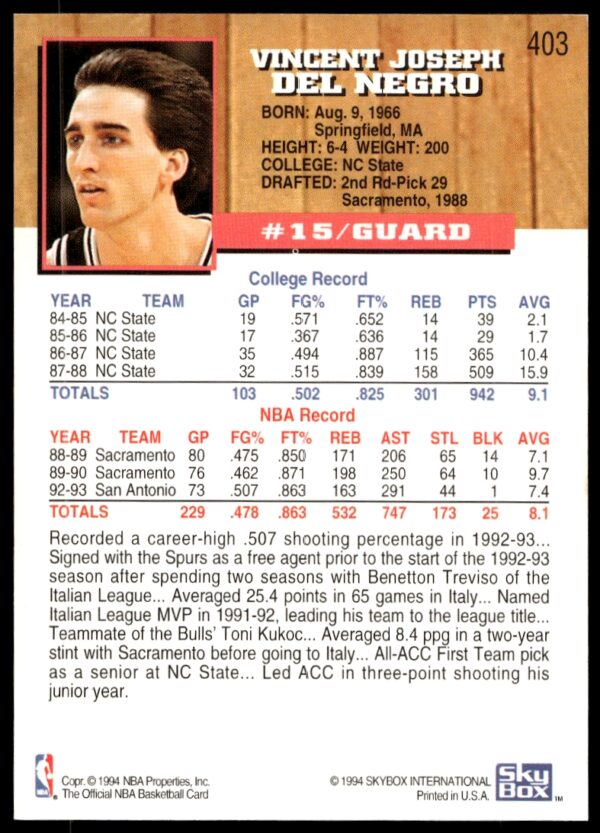 1993-94 Hoops Vinny Del Negro #403 (Back)