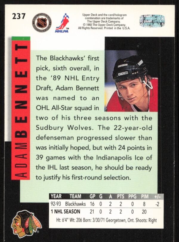 1993-94 Upper Deck Adam Bennett #237 (Back)