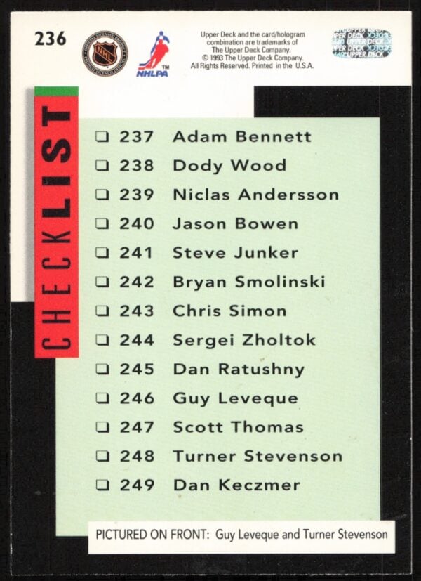 1993-94 Upper Deck Checklist: Star Rookies #236 (Back)