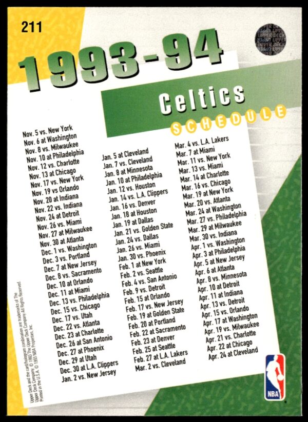 1993-94 Upper Deck Collector's Choice Boston Celtics #211 (Back)