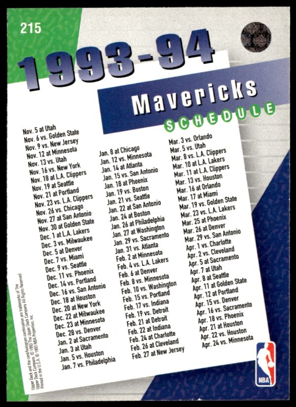 1993-94 Upper Deck Collector's Choice Dallas Mavericks #215 (Back)