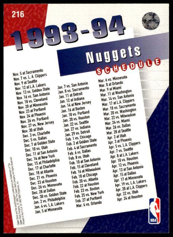 1993-94 Upper Deck Collector's Choice Denver Nuggets #216 (Back)