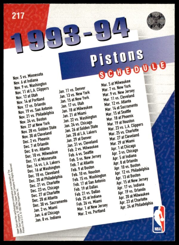 1993-94 Upper Deck Collector's Choice Detroit Pistons #217 (Back)