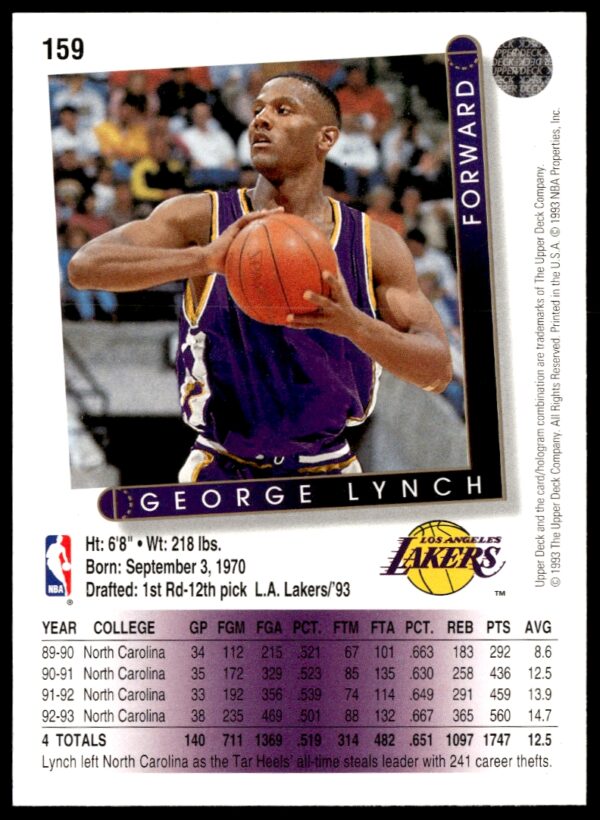 1993-94 Upper Deck Collector's Choice George Lynch #159 (Back)