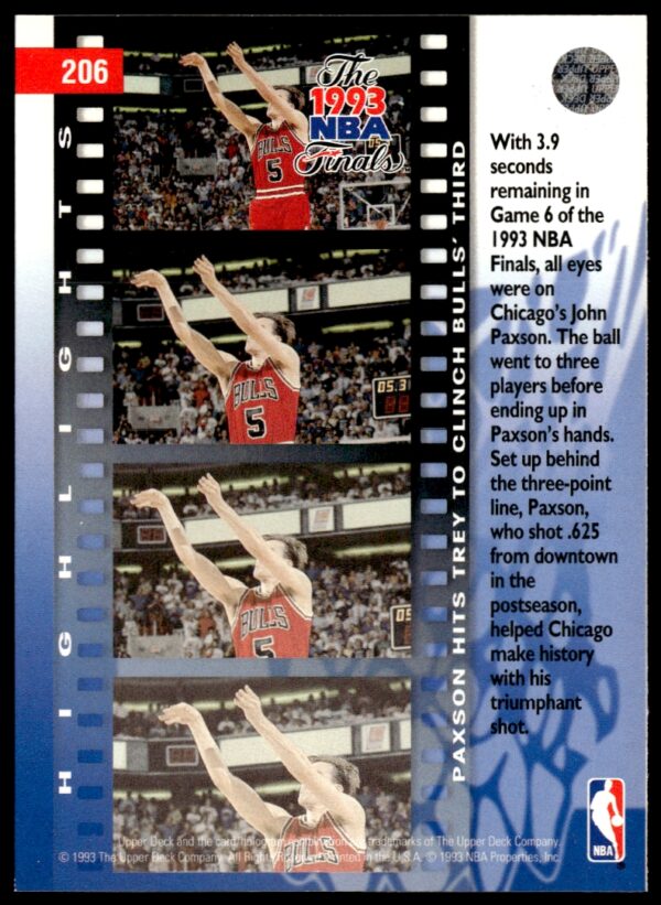 1993-94 Upper Deck Collector's Choice John Paxson The 1993 NBA Finals #206 (Back)