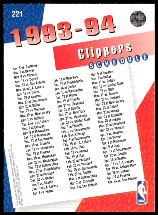 1993-94 Upper Deck Collector's Choice Los Angeles Clippers #221 (Back)