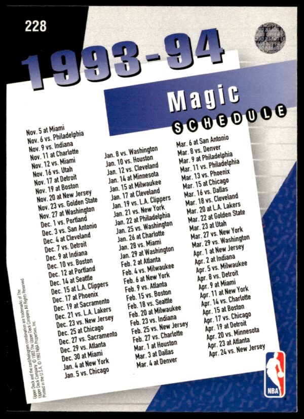 1993-94 Upper Deck Collector's Choice Orlando Magic #228 (Back)